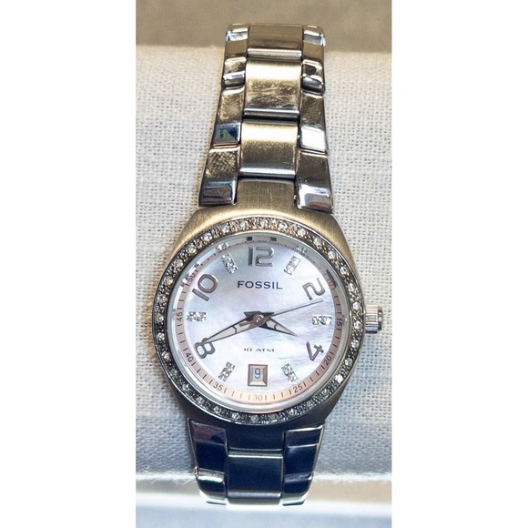 Fossil AM-4175 Pink MoP & Crystals Date Dial Stainless Steel‎ Womens 28mm Watch - Picture 3 of 14